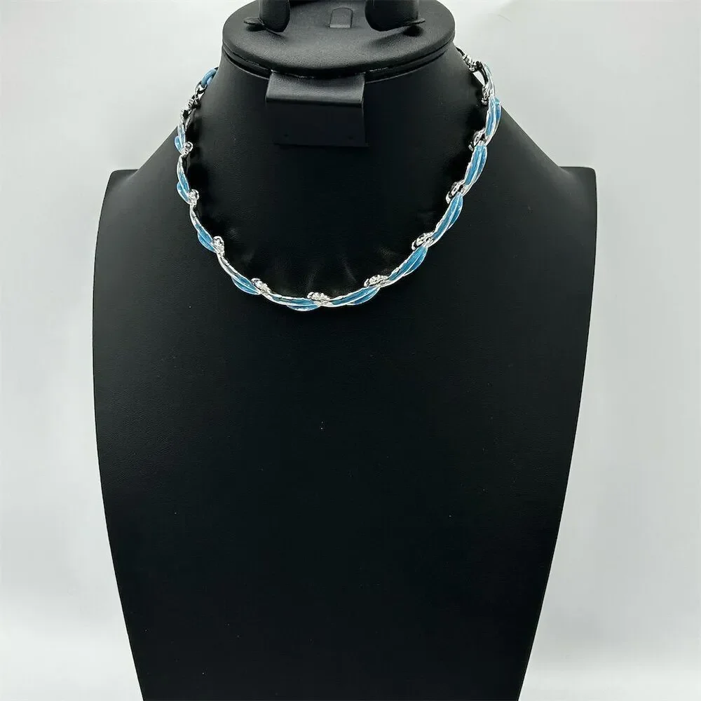 Vintage Coro Silver Tone Blue Enamel Leaf Necklace 1950s Women's Chain